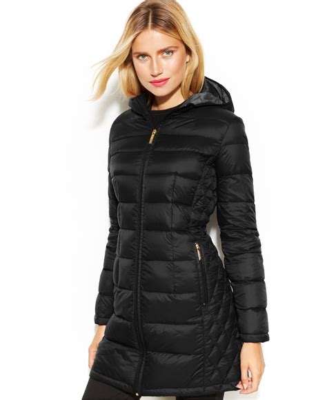 michael kors hooded long packable down puffer coat|Michael Kors lightweight puffer coats.